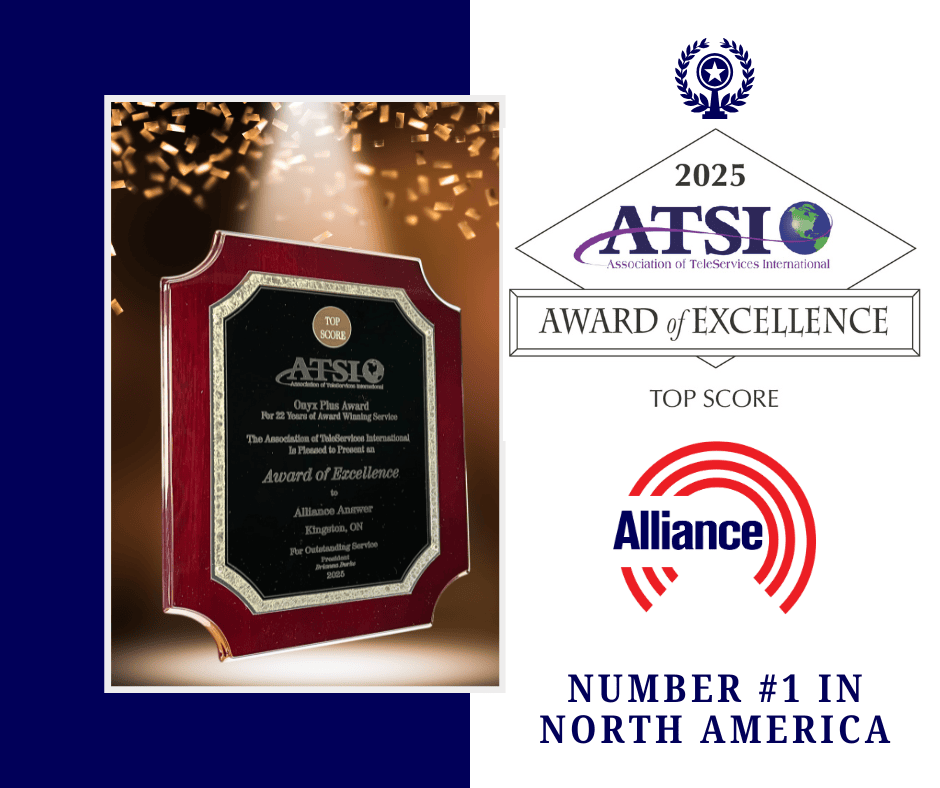 A plaque with a spotlight shining upon it. The plaque is for Alliance Answer's 2025 Top Score win from ATSI