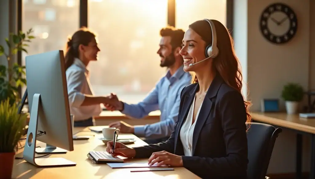 Woman with brown hair smiling while wearing a headset working at Alliance Answer, a Canadian answering service provider, taking calls from small business owners