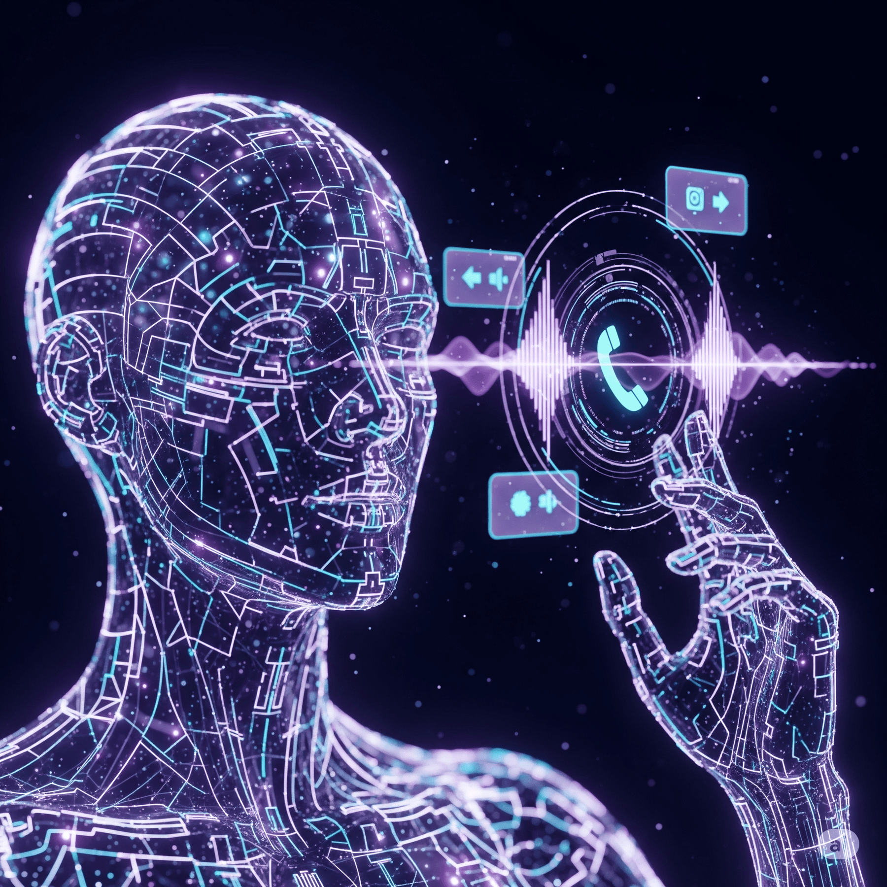 A purple visual humanoid like representation of an ai answering service system